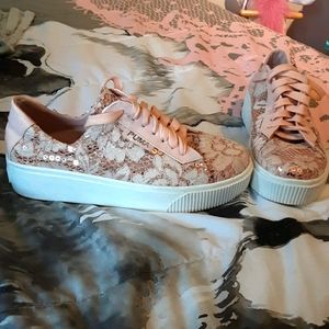 Pink lace and sequin sneakers